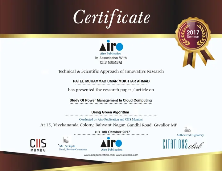 Paper presentation certificate, Airo Publication and CIIS Mumbai, 8 October 2017