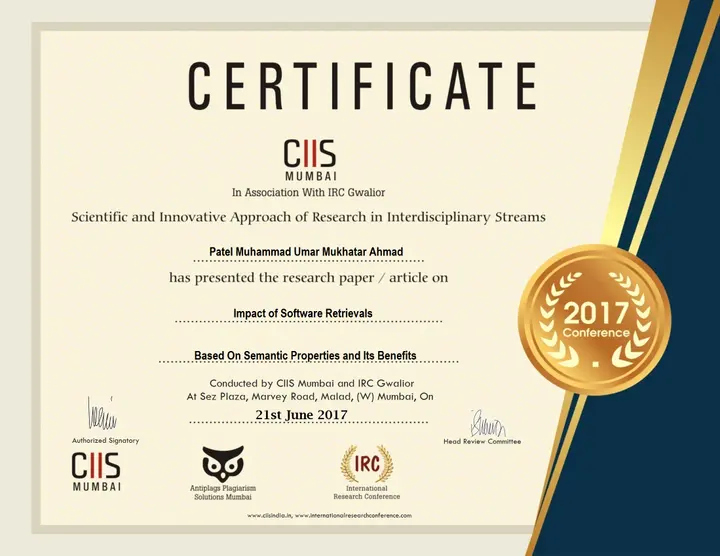 Paper presentation certificate, CIIS Mumbai and IRC Gwalior, 21 June 2017