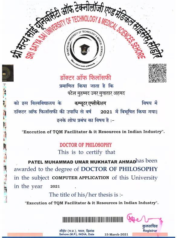 Ph.D. degree certificate, Sri Satya Sai University of Technology & Medical Sciences, 2021