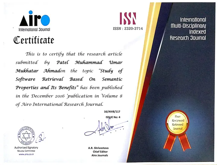Publication certificate, Airo International Research Journal, December 2016