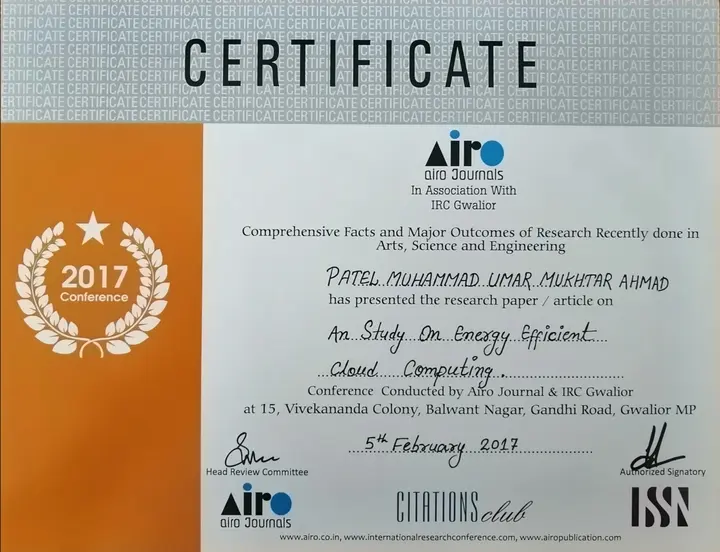 Paper presentation certificate, Airo Journals and IRC Gwalior, 5 February 2017