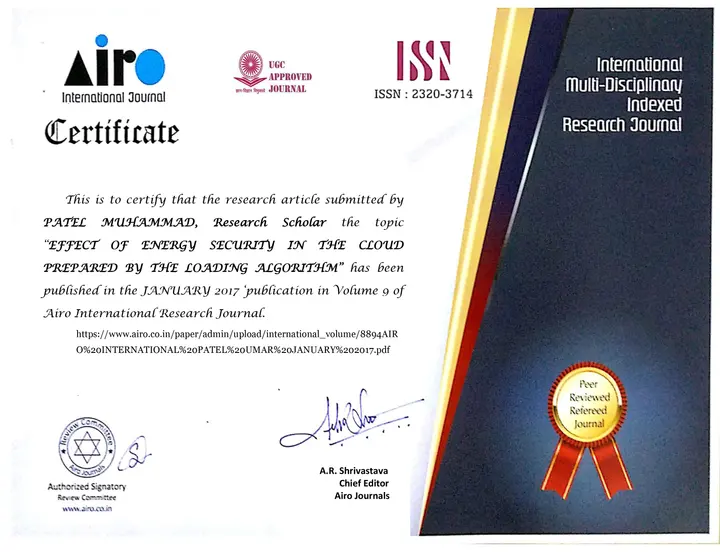 Publication certificate, Airo International Research Journal, January 2017